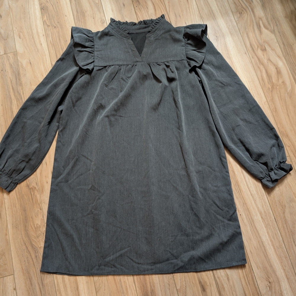 SHEIN Grey Ruffle Shoulder V-Neck Smock Dress Long Sleeve Size Large